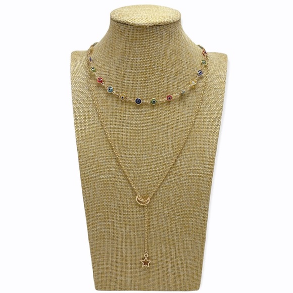 BP. Layered Glass Bead Evil Eye And Moon Star Pull Necklace - Picture 7 of 7